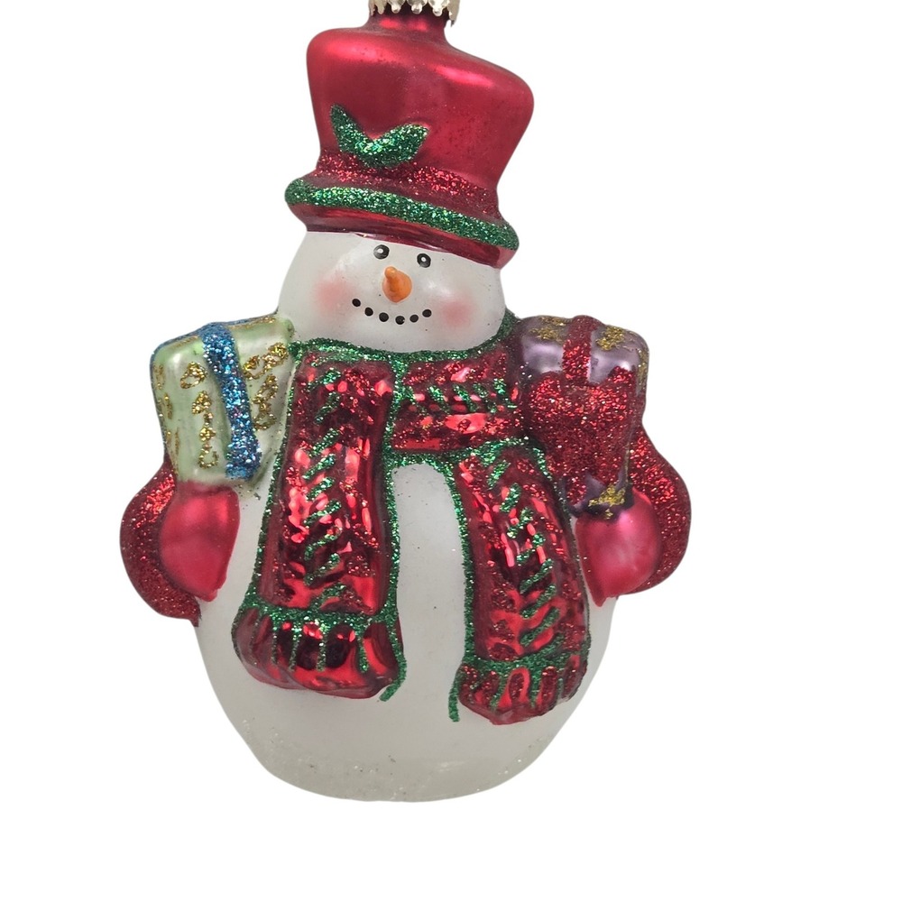 Vintage Snowman Glass Ornament Glitter Red Hat Scarf Gifts White 5" NEAR MINT